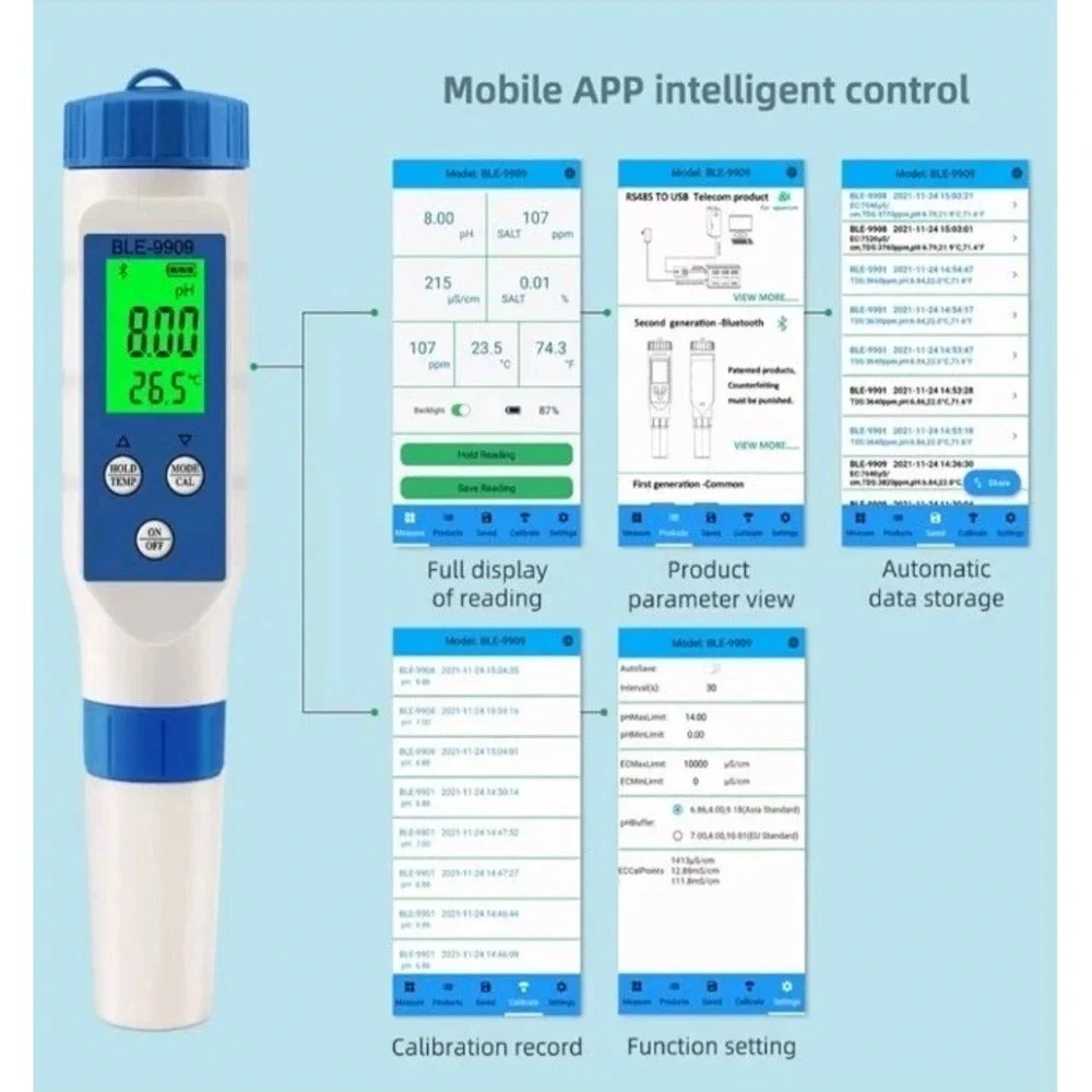 5 In 1 TDS Salinity Water Quality Monitor Tester With Temp Guage, With WiFi App